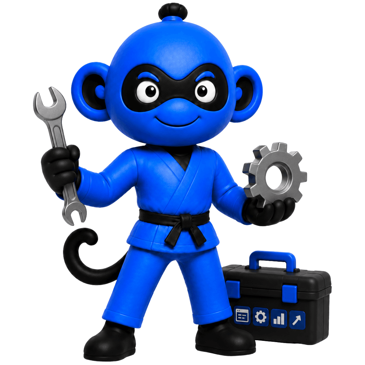 Tiko, the KimonoMono guide, holding a wrench and gear beside a toolbox